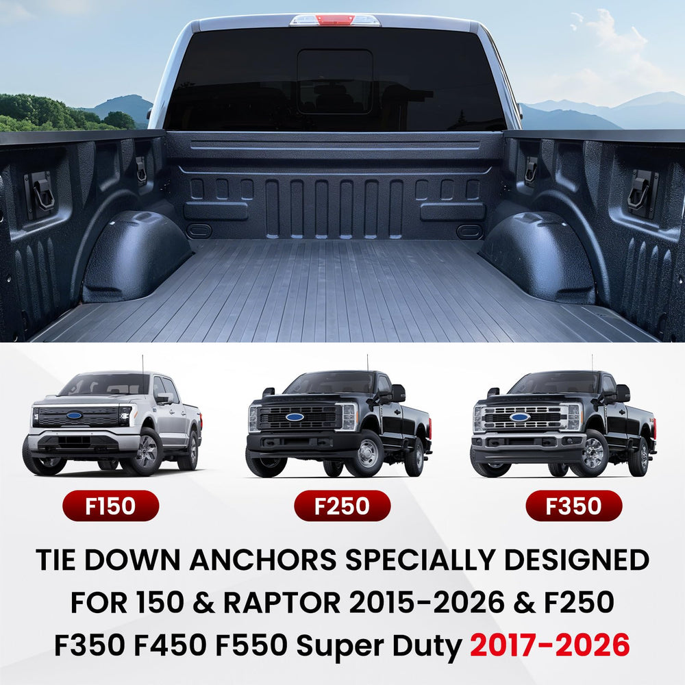 Klutchtech anchors fitted to F250/F550 bed providing rugged cargo security for tools and gear.