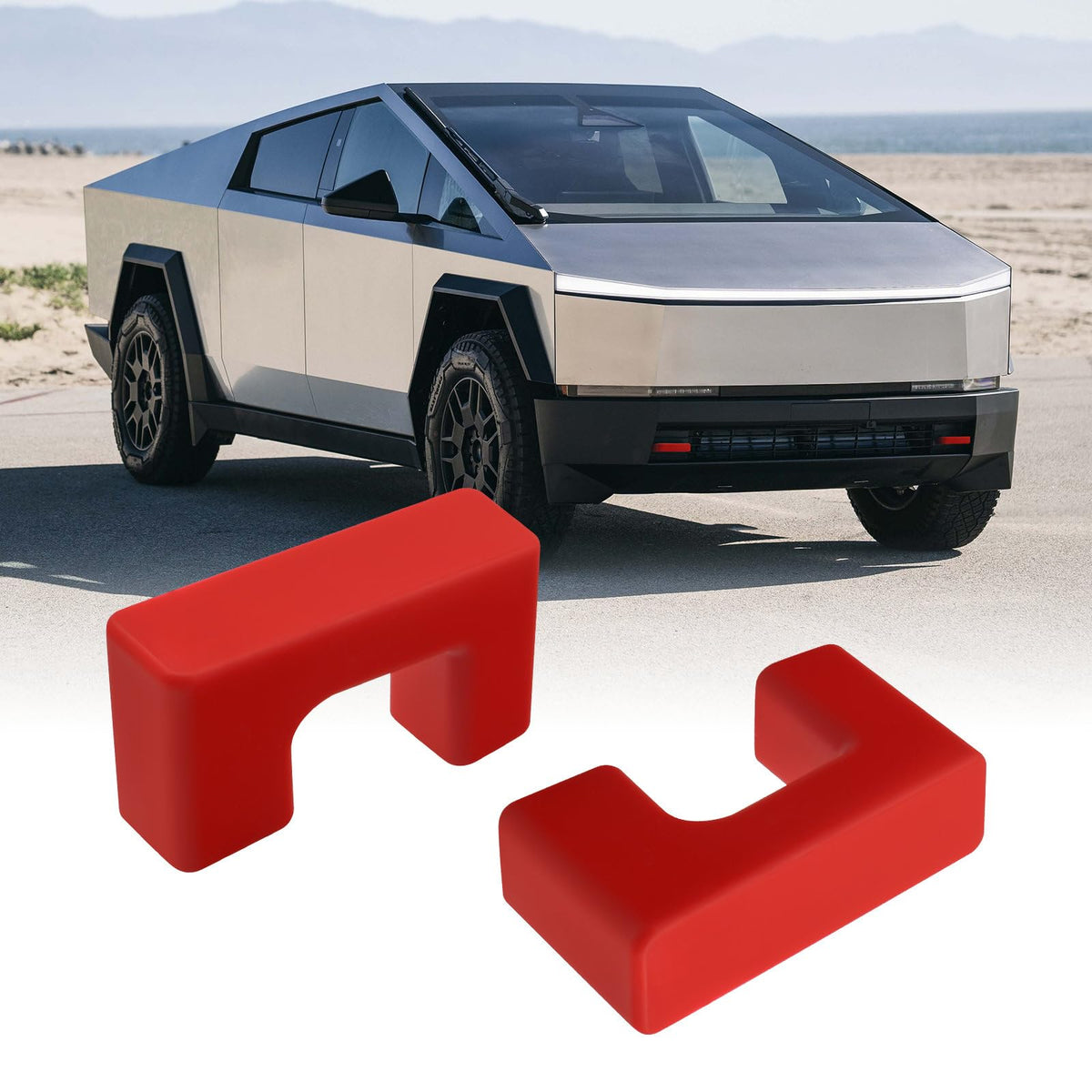 Klutchtech tow hook cover for Tesla Cybertruck front view with seamless fit and red finish.
