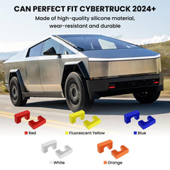 Installation-ready Klutchtech tow hook cover on Cybertruck, tool-free setup demonstrated.