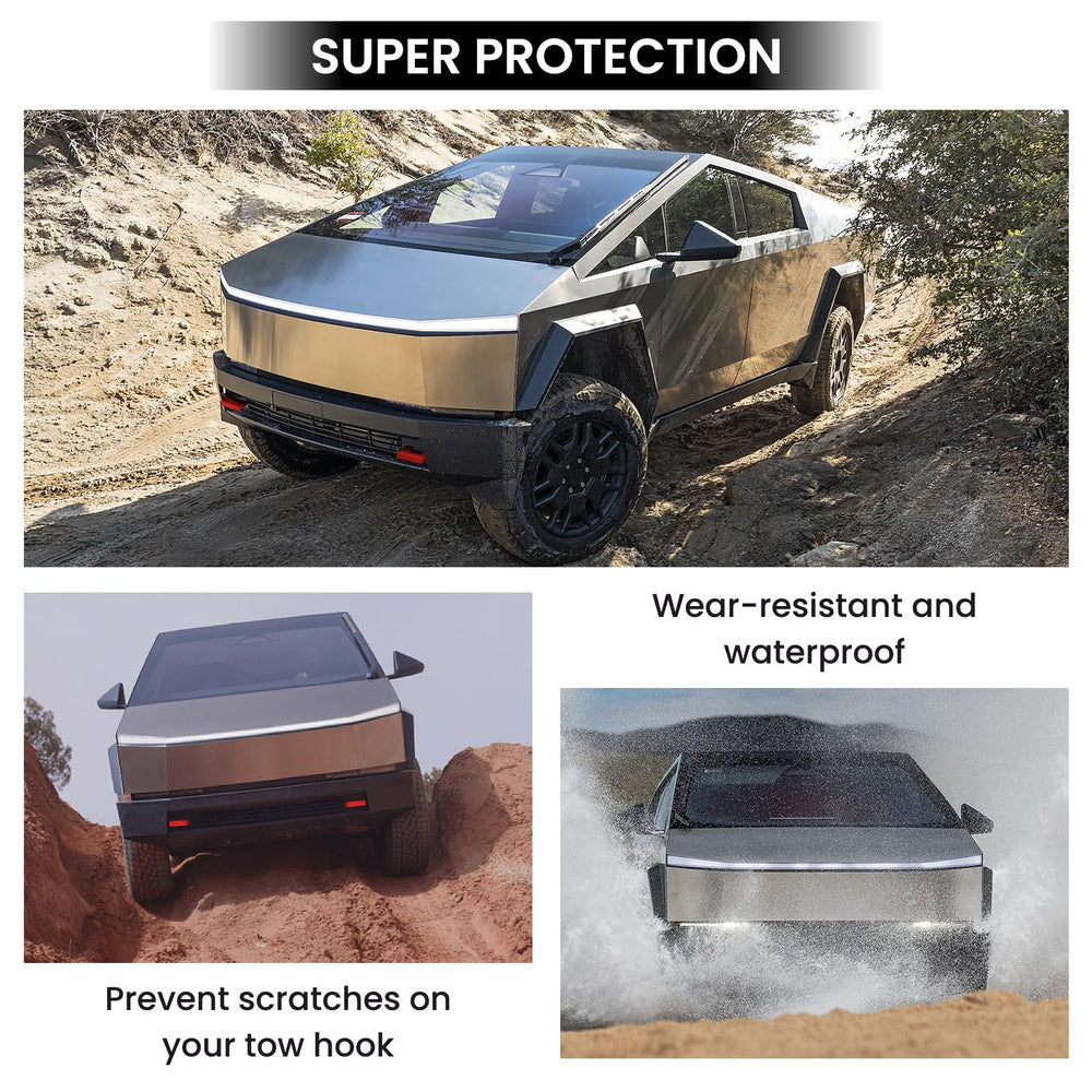 Protective shield from road debris around Cybertruck front tow hooks.