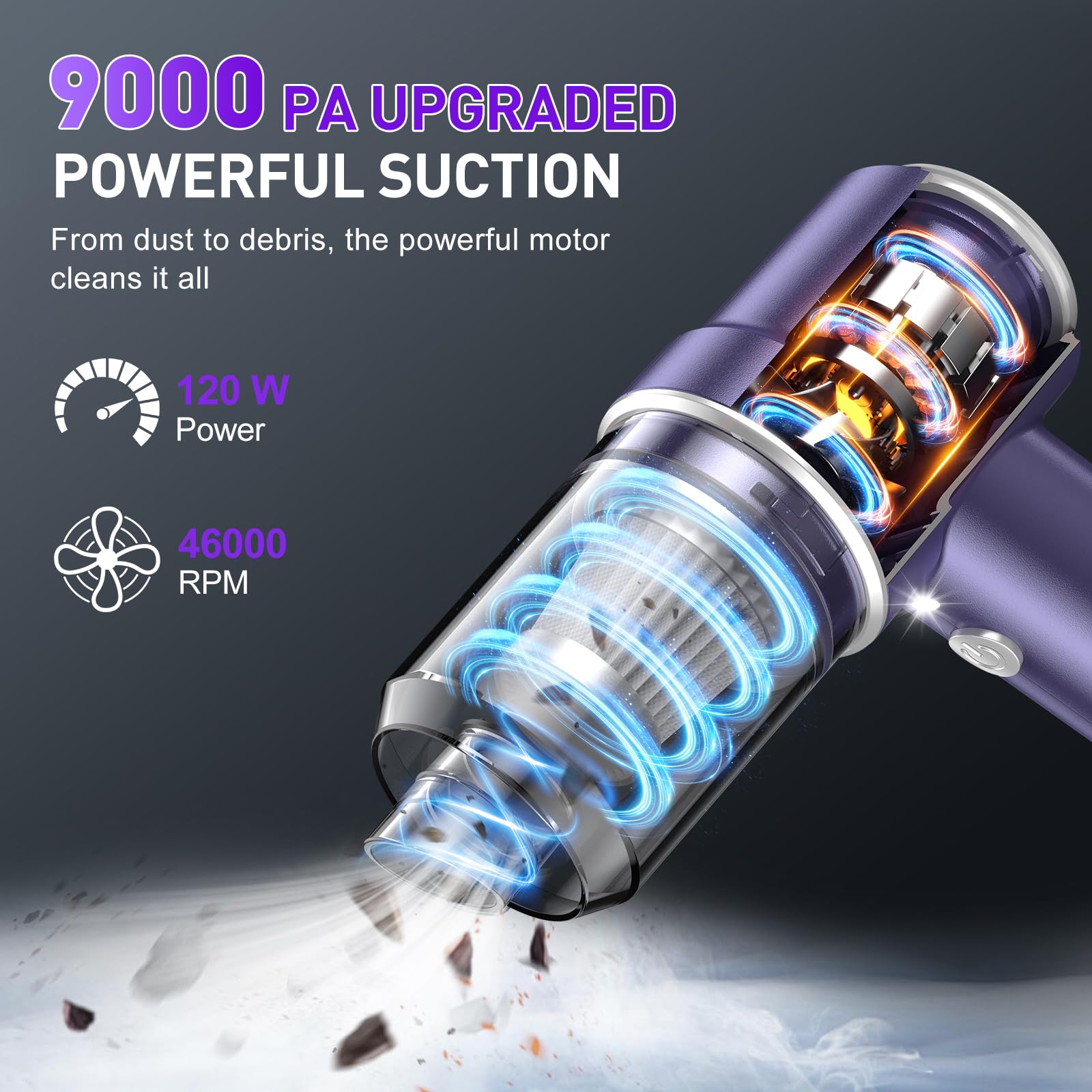 KMM handheld vacuum 120W motor detail highlights power