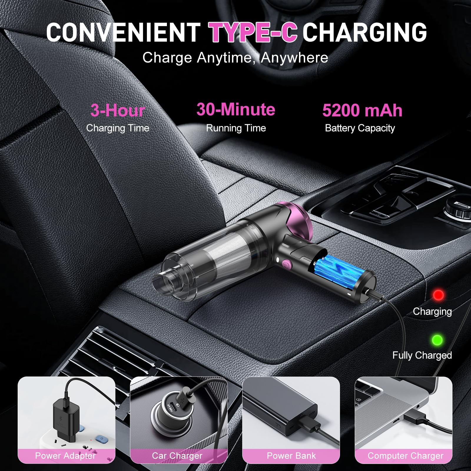 KMM handheld car vacuum-led-light helps clean dark corners