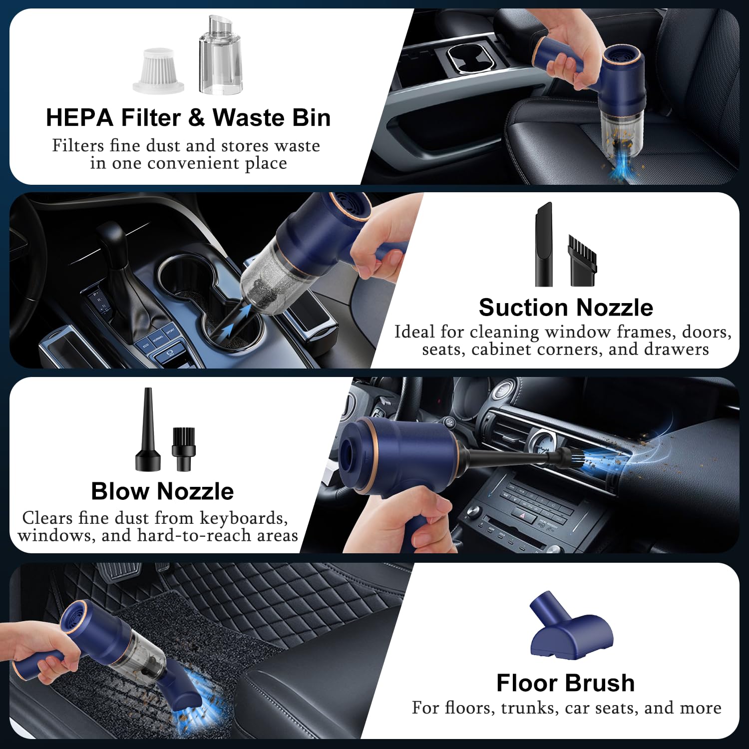 KMM handheld car vacuum includes multiple nozzles for keyboards, sofas, and cars.