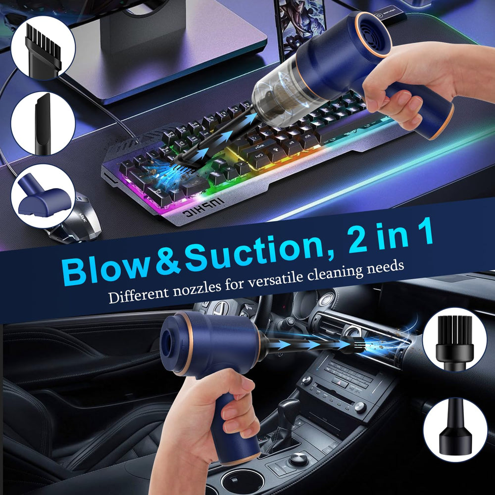 KMM handheld car vacuum two-in-one design for vacuuming and blowing debris.