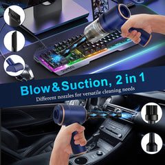 KMM handheld car vacuum two-in-one design for vacuuming and blowing debris.