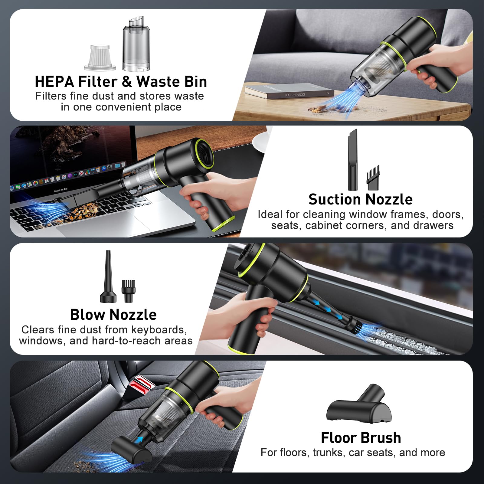 KMM includes a 5-piece accessory set for crevices, surfaces, and keyboards