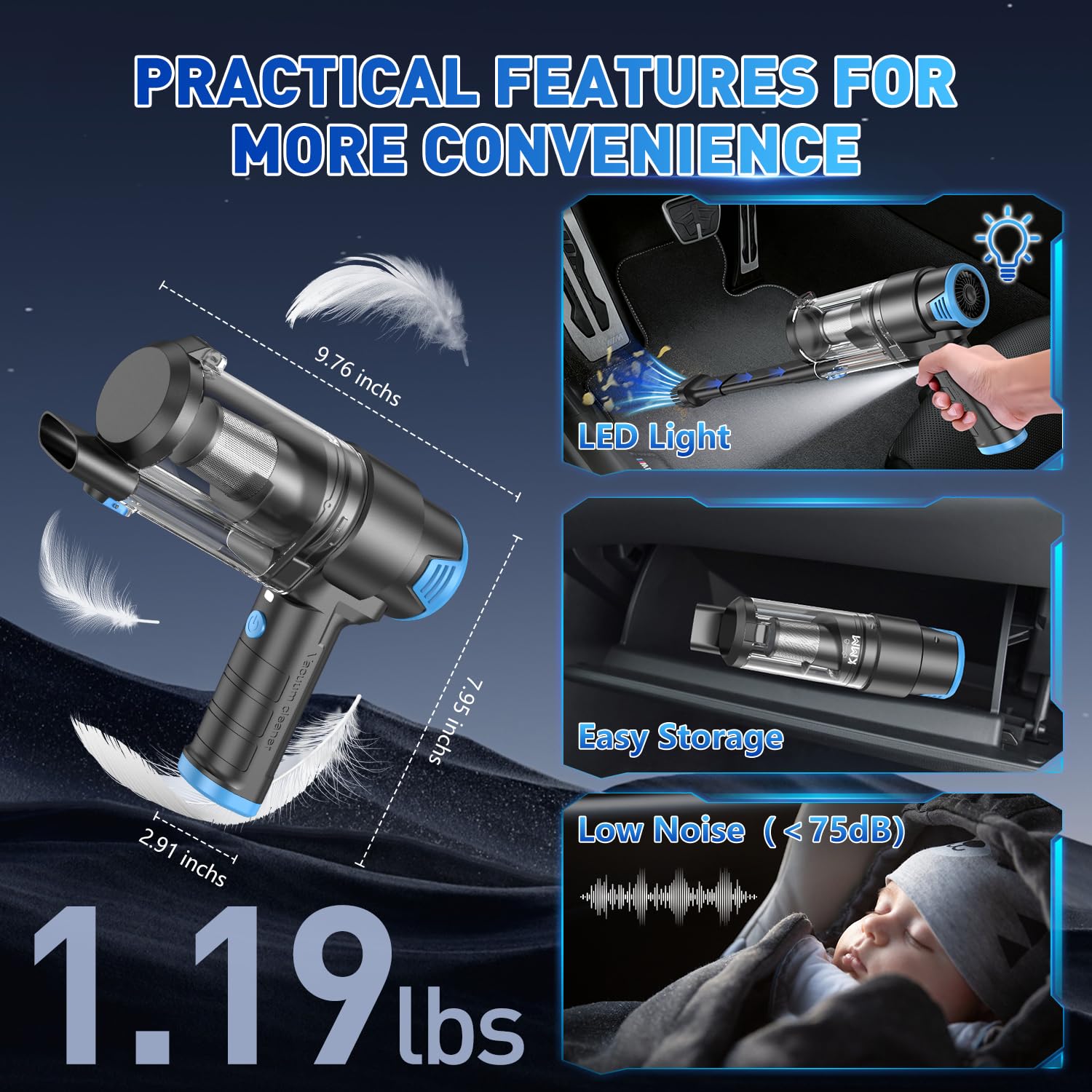 KMM handheld vacuum cleaner in-use car demonstrates cordless convenience on the go.