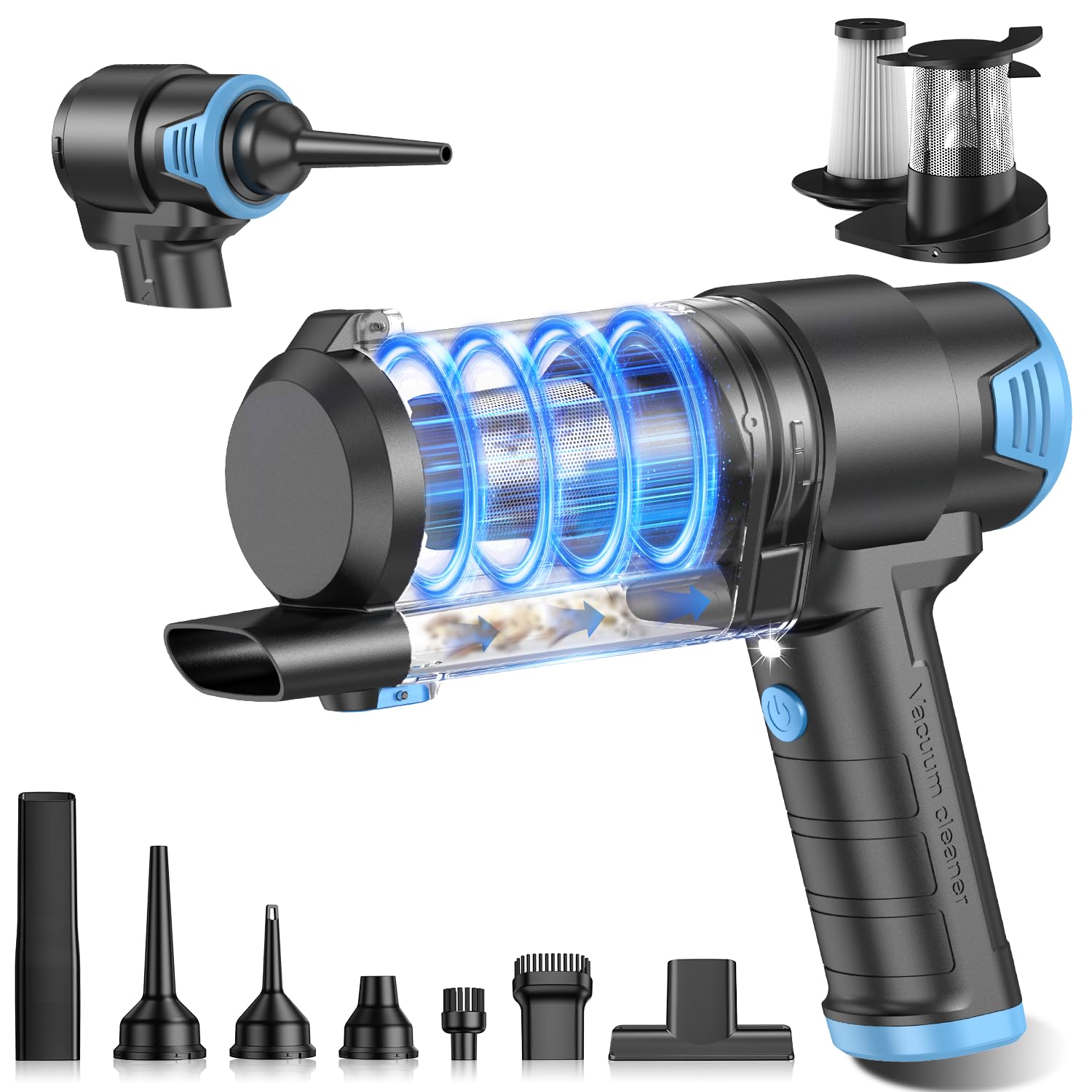 KMM handheld vacuum cleaner front view shows strong suction for car interiors.