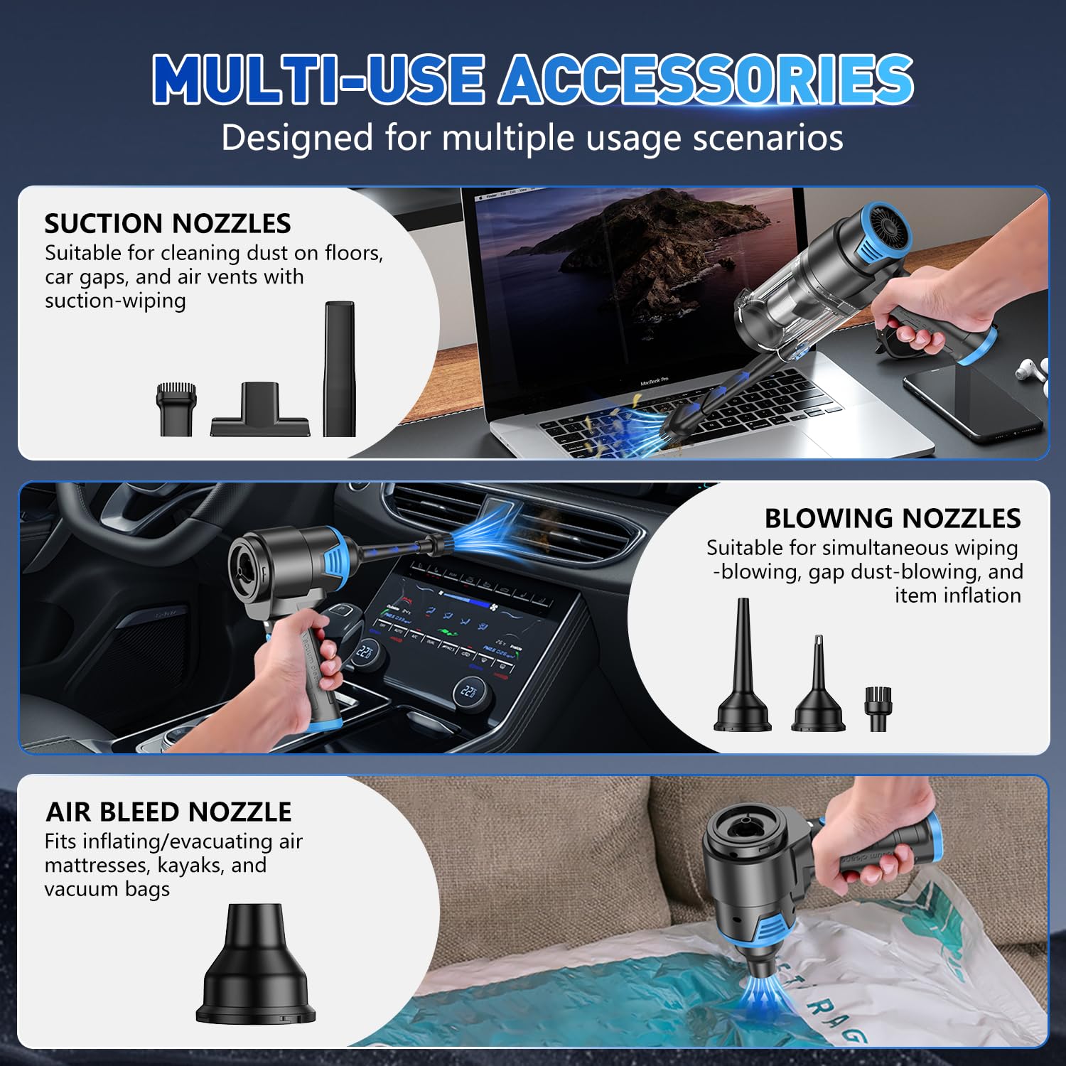 KMM handheld vacuum cleaner built-in LED light helps reveal hidden dust.