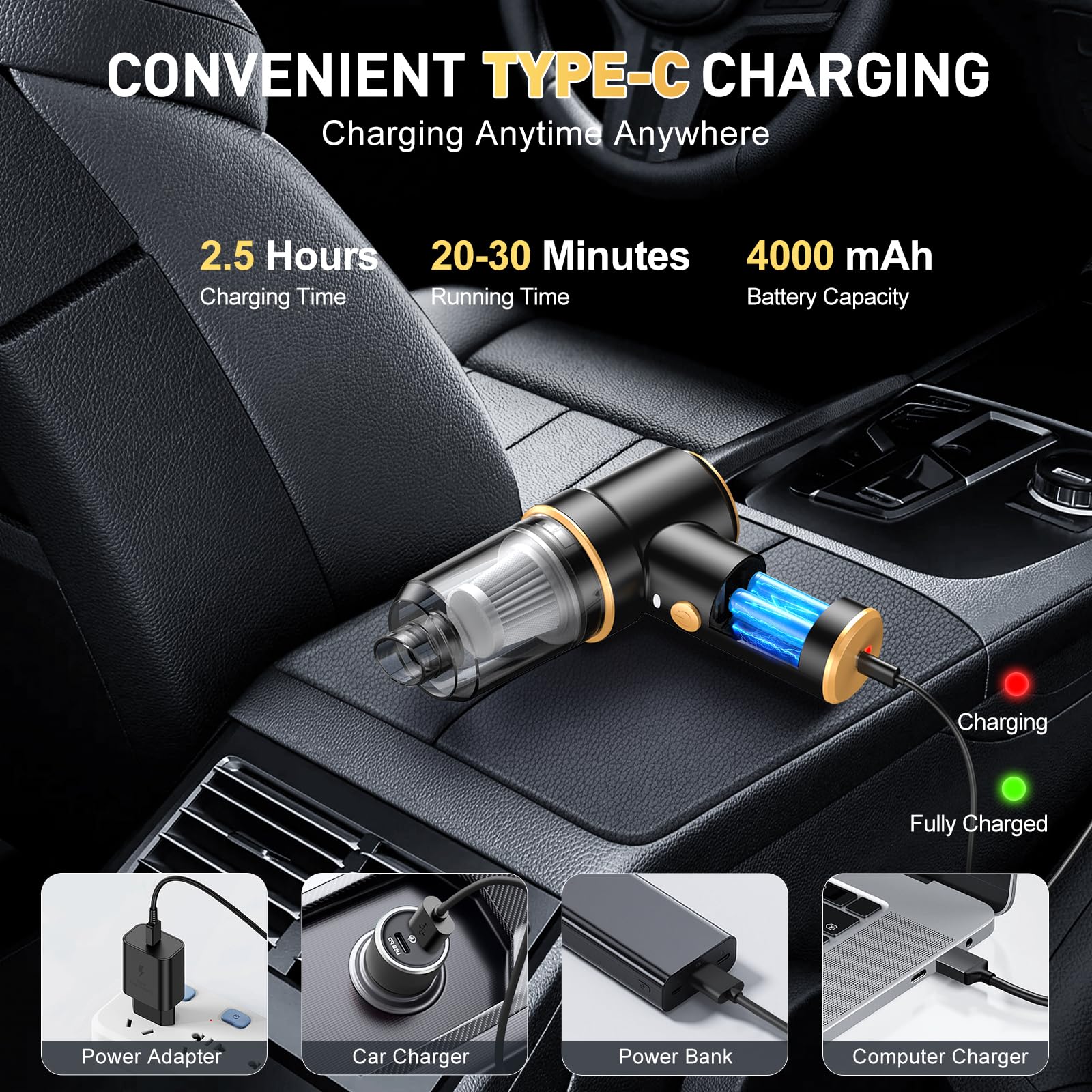 KMM Handheld Vacuum includes multiple nozzles for crevices and upholstery.
