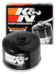 K&N KN-147 oil filter canister close-up showing high-flow design for steady oil delivery.