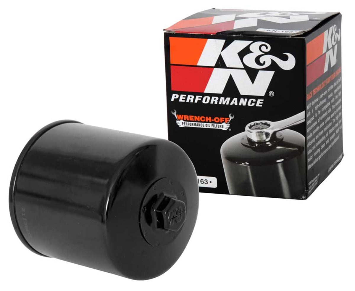 K&N KN-163 oil filter with wrench-off nut for quick BMW maintenance.