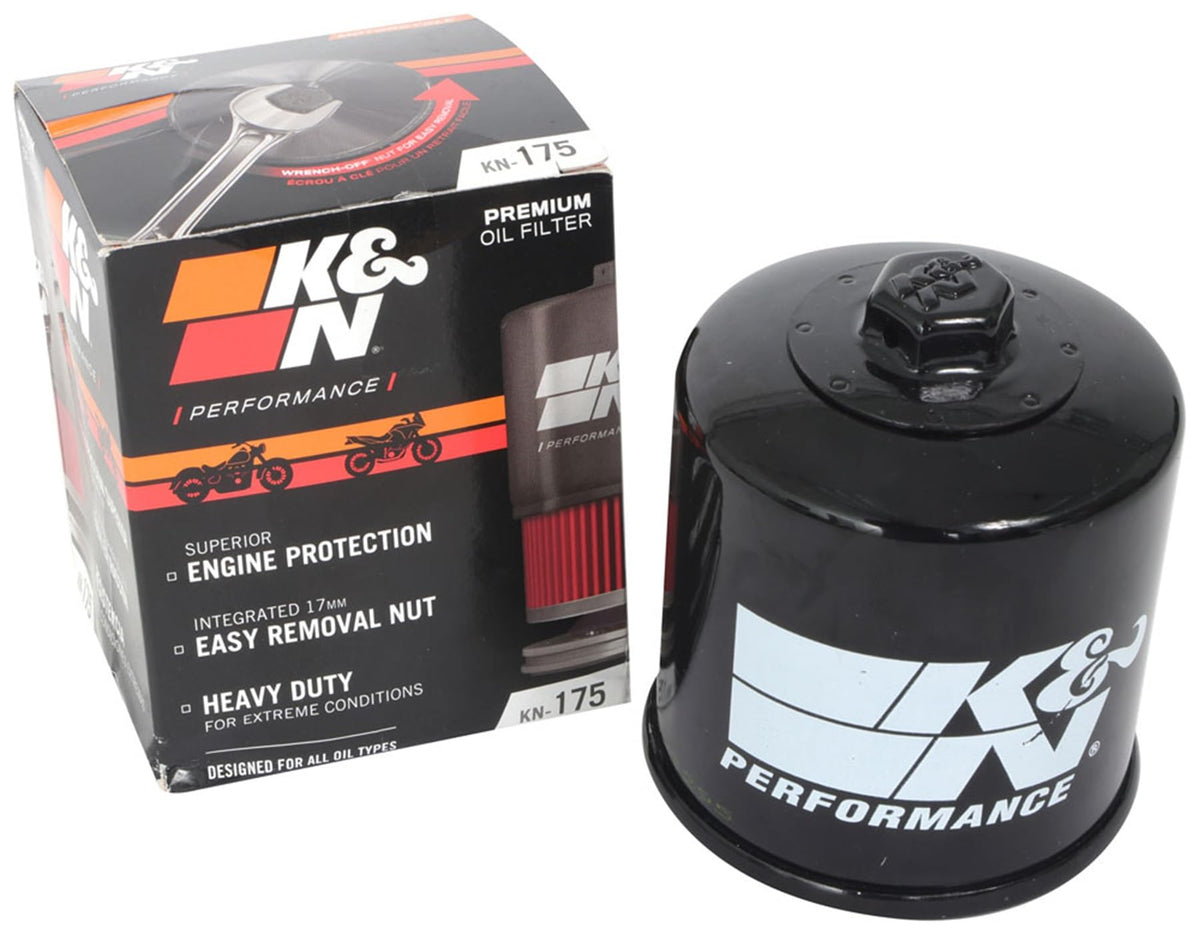 K&N KN-175 oil filter canister demonstrates durable construction for powersports.