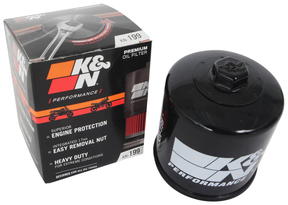 K&N KN-199 oil filter exterior view showing a rugged canister.