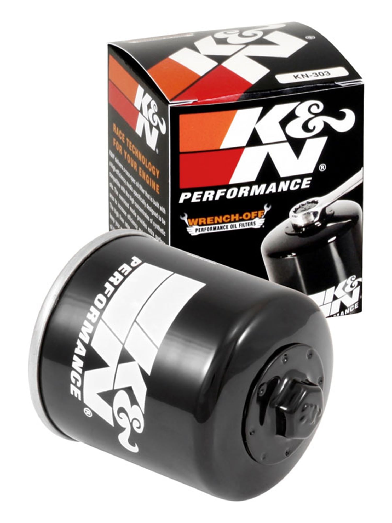 K&N KN-303 oil filter side view highlights compact design for high-flow applications.