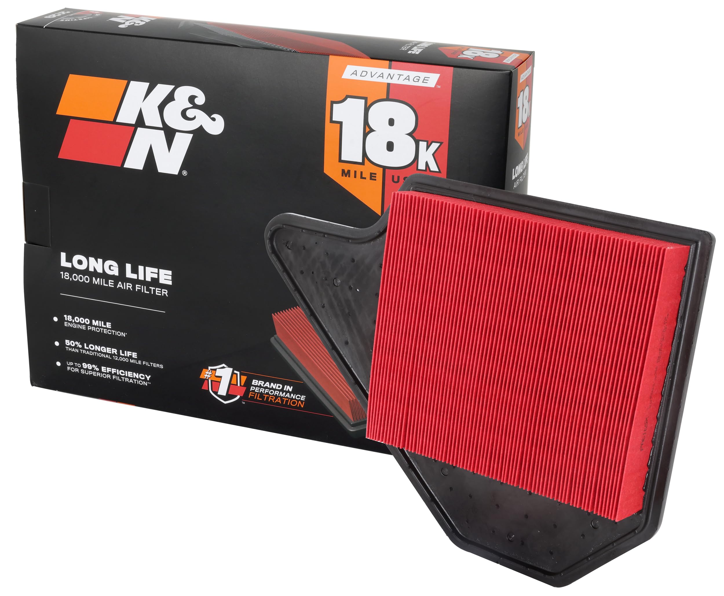 K&N Advantage Plus air filter shows 18,000-mile life for extended engine protection.