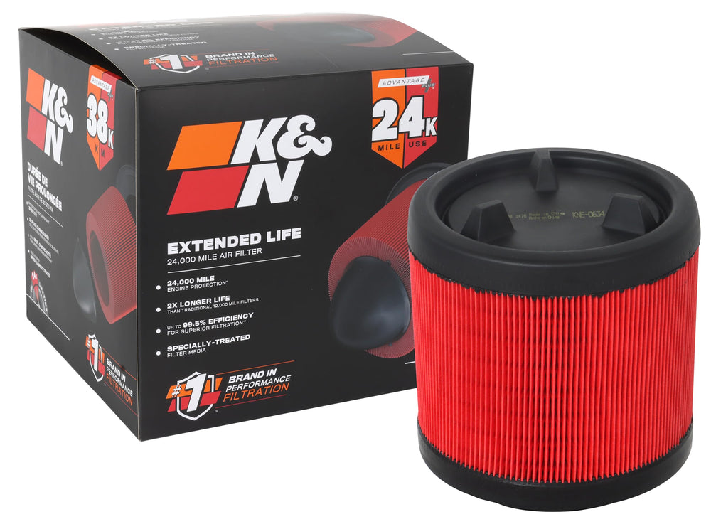 K&N Advantage Plus air filter front view demonstrates 24k life durability.