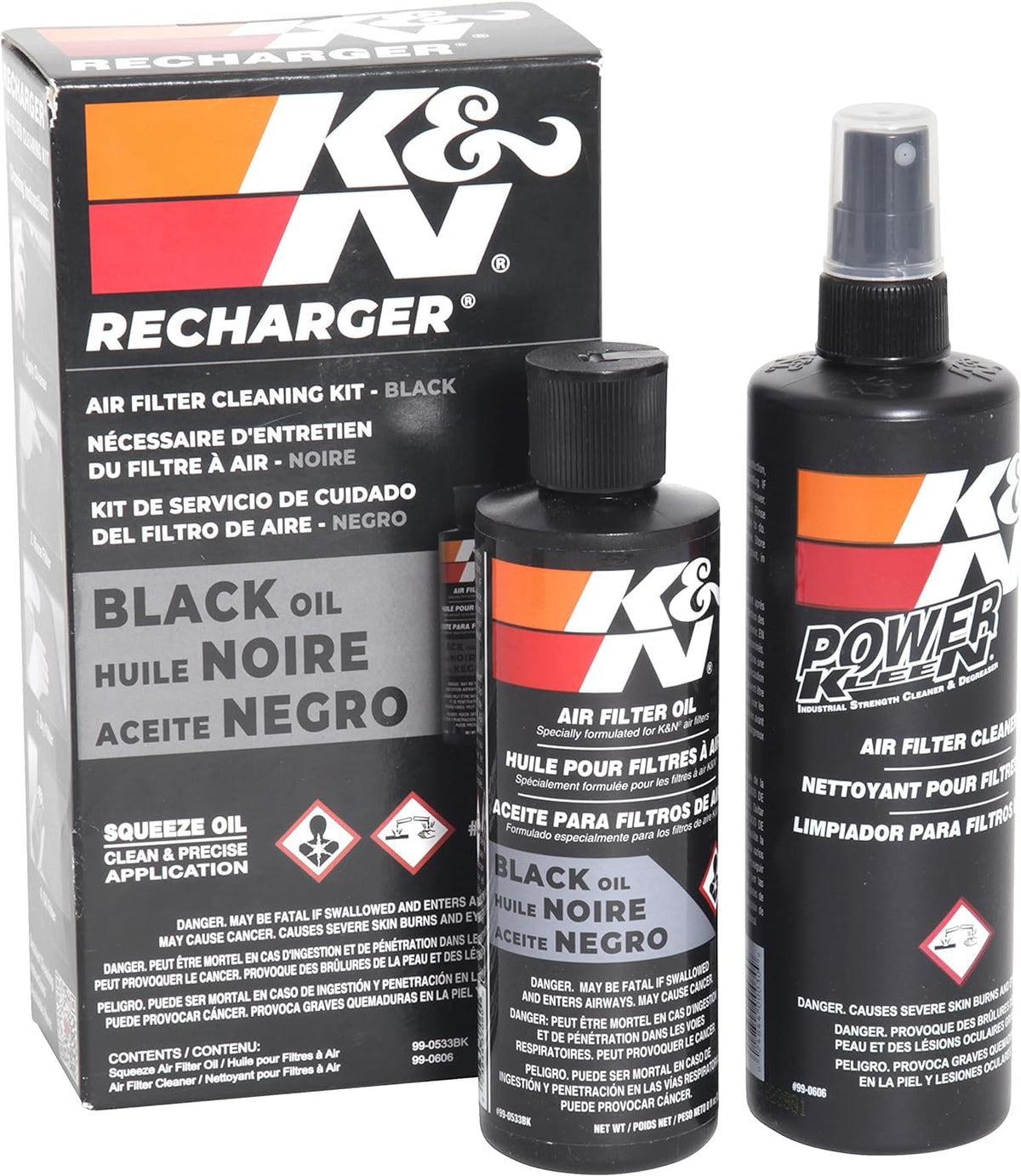 K&N air filter cleaning kit bottle with Power Kleen degreaser for deep cleaning.