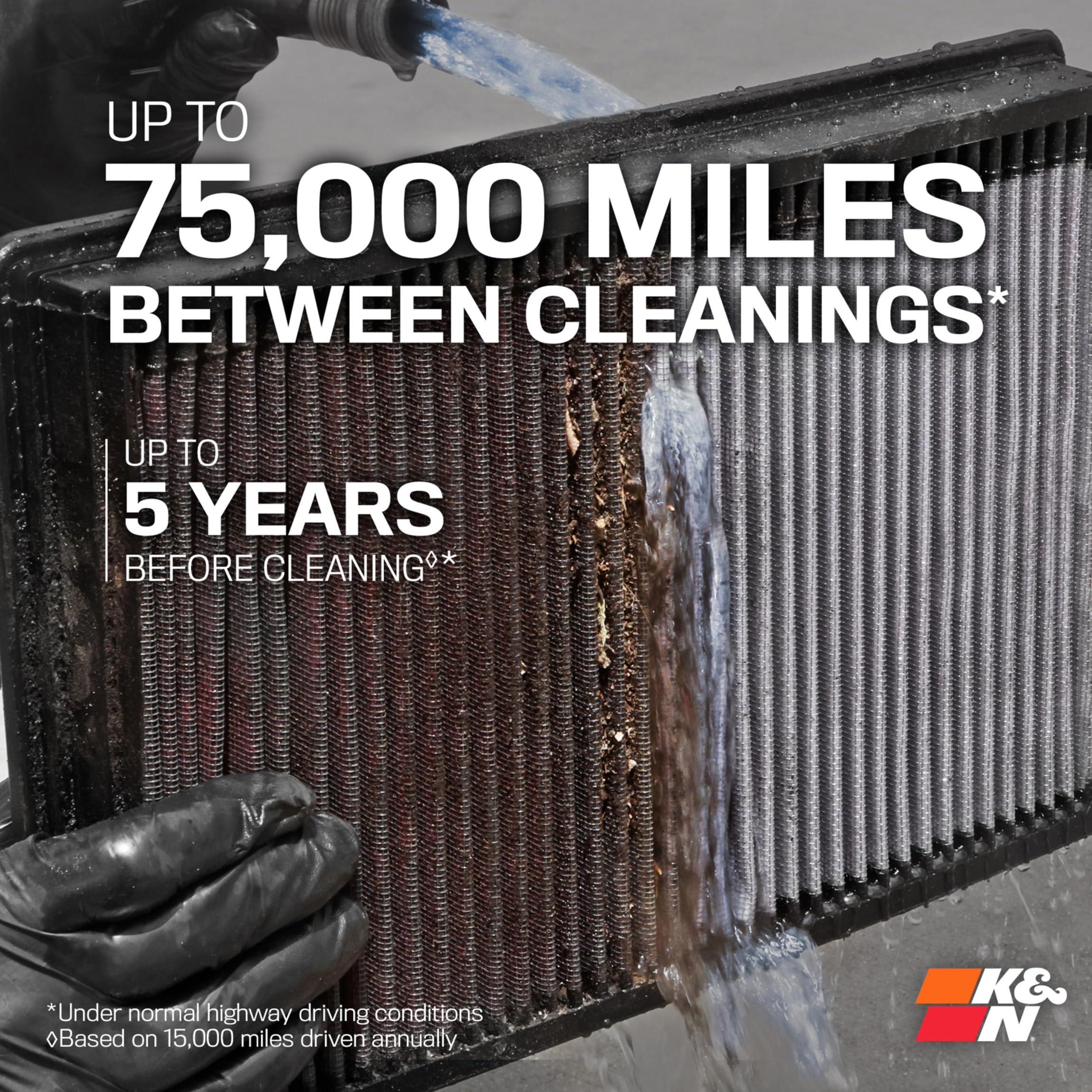 K&N air filter installed in engine bay demonstrates simple drop-in fit.