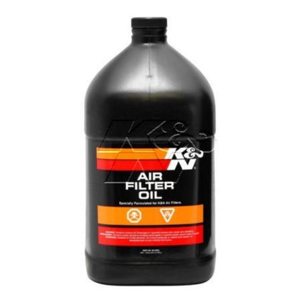 K&N Air Filter Oil 1-gallon bottle ready for use, enhances contaminant capture.