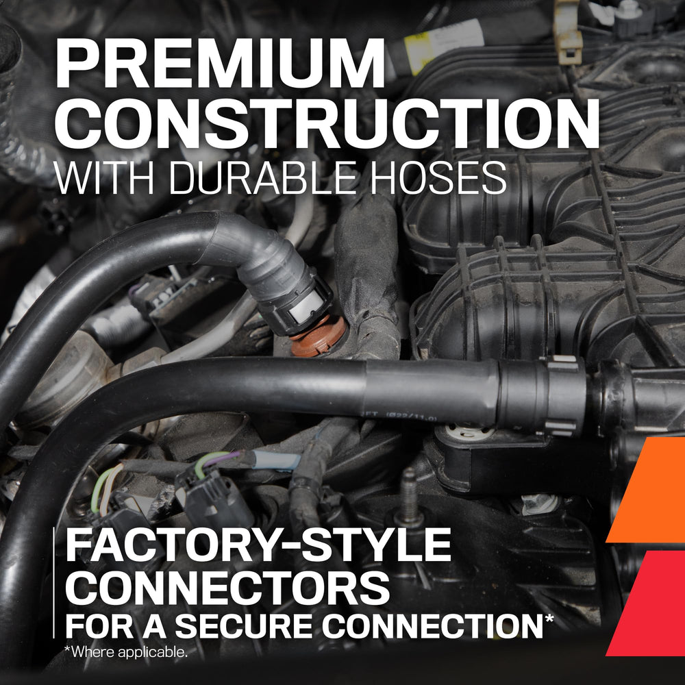Crankcase connection demonstrates quick factory-style hose fittings for installation.