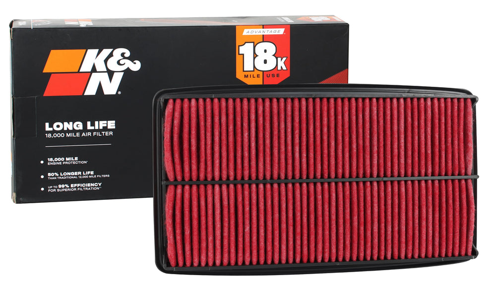 K&N engine air filter shown, highlighting 18k life for extended protection and performance