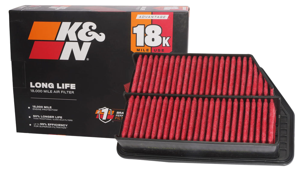 K&N engine air filter long-life 18,000 miles for extended service intervals.