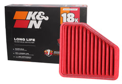 K&N Engine Air Filter showing long-life design for up to 18,000 miles.
