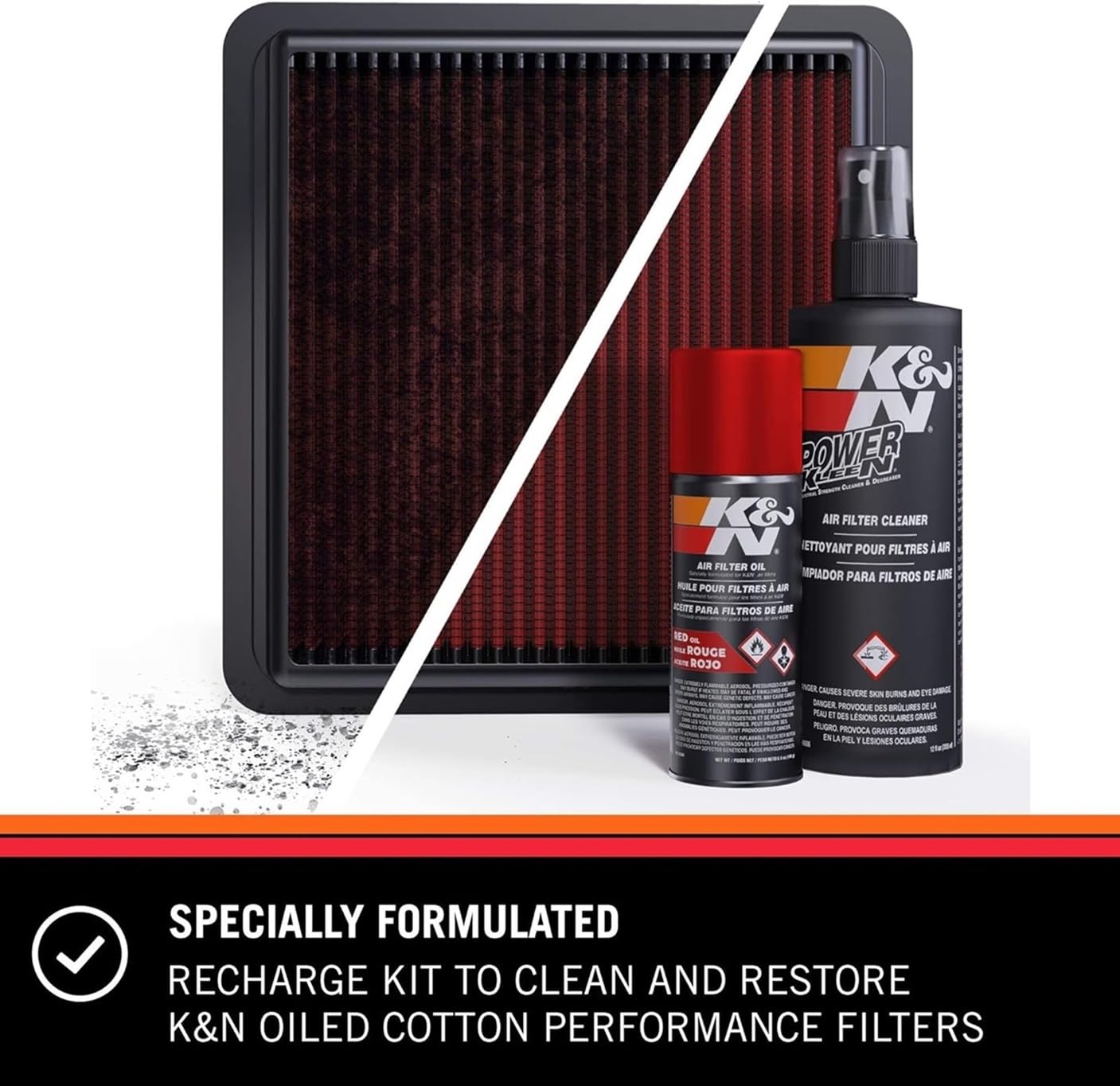 Power Kleen spray-on action on dirty filter exterior