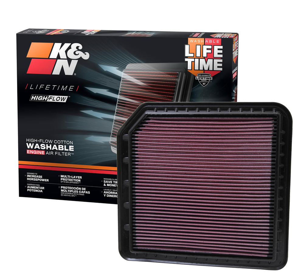 K&N High-Flow air filter close-up showing multi-layer media for filtration.