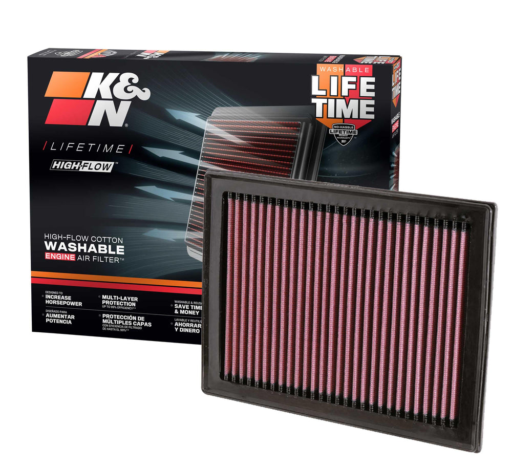 K&N High-Flow air filter close-up showing premium media for better airflow.