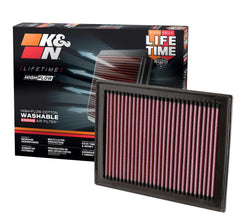 K&N High-Flow air filter close-up showing premium media for better airflow.