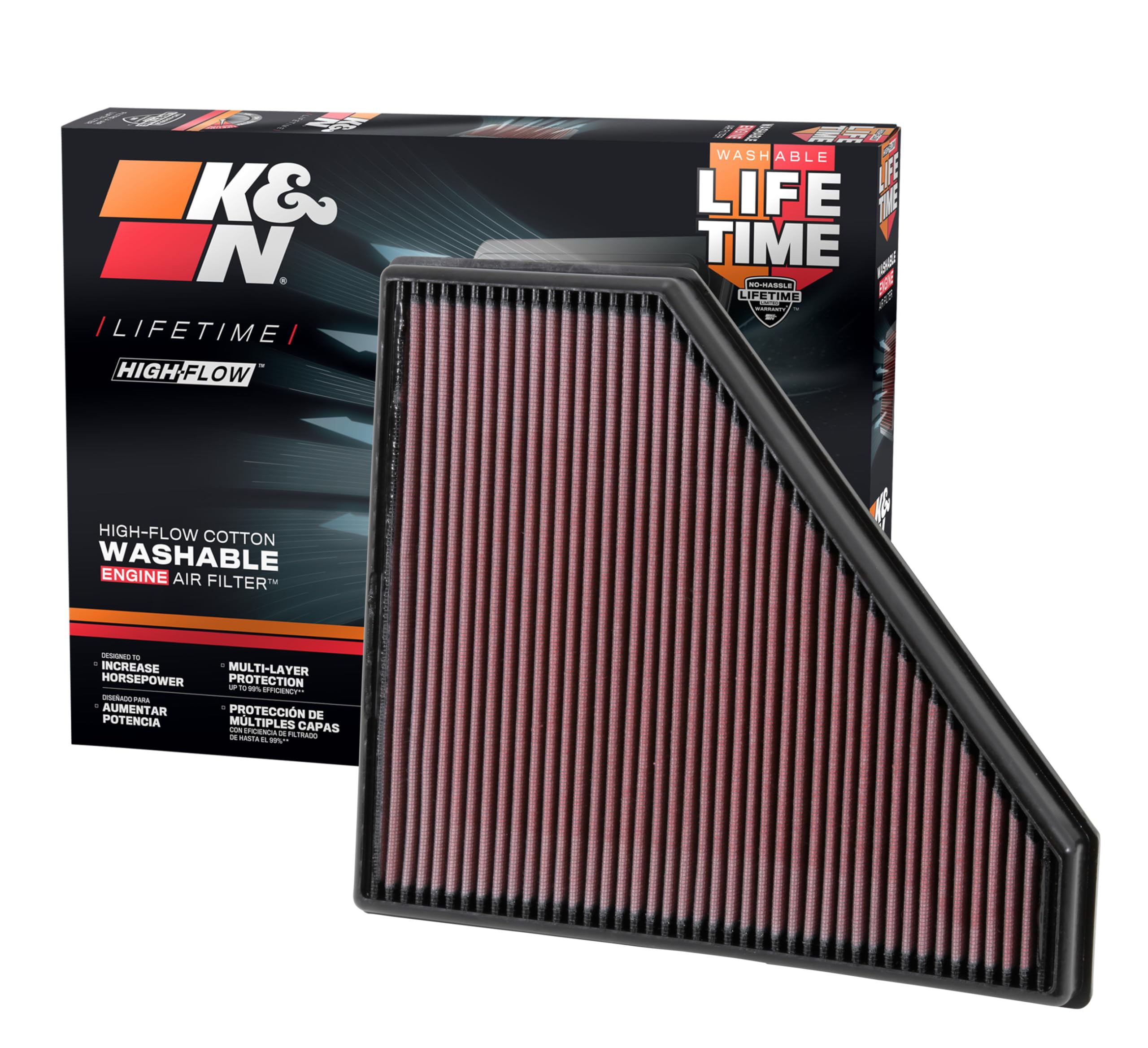 K&N High-Flow air filter installed in engine bay for improved airflow