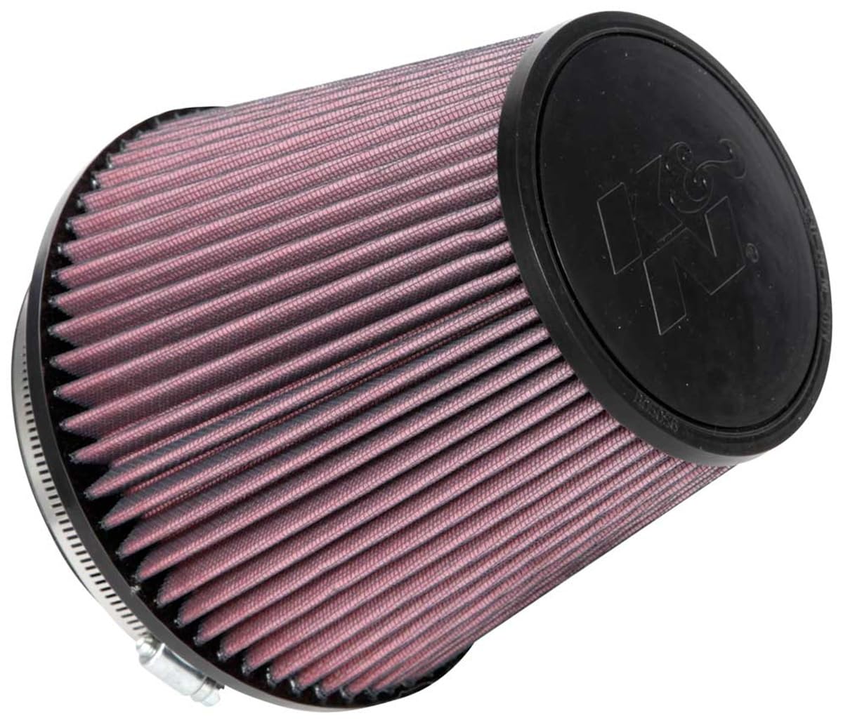 K&N high-flow filter, round tapered close-up, improves airflow with universal clamp-on fit.