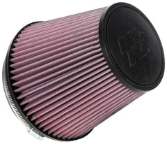 K&N high-flow filter, round tapered close-up, improves airflow with universal clamp-on fit.