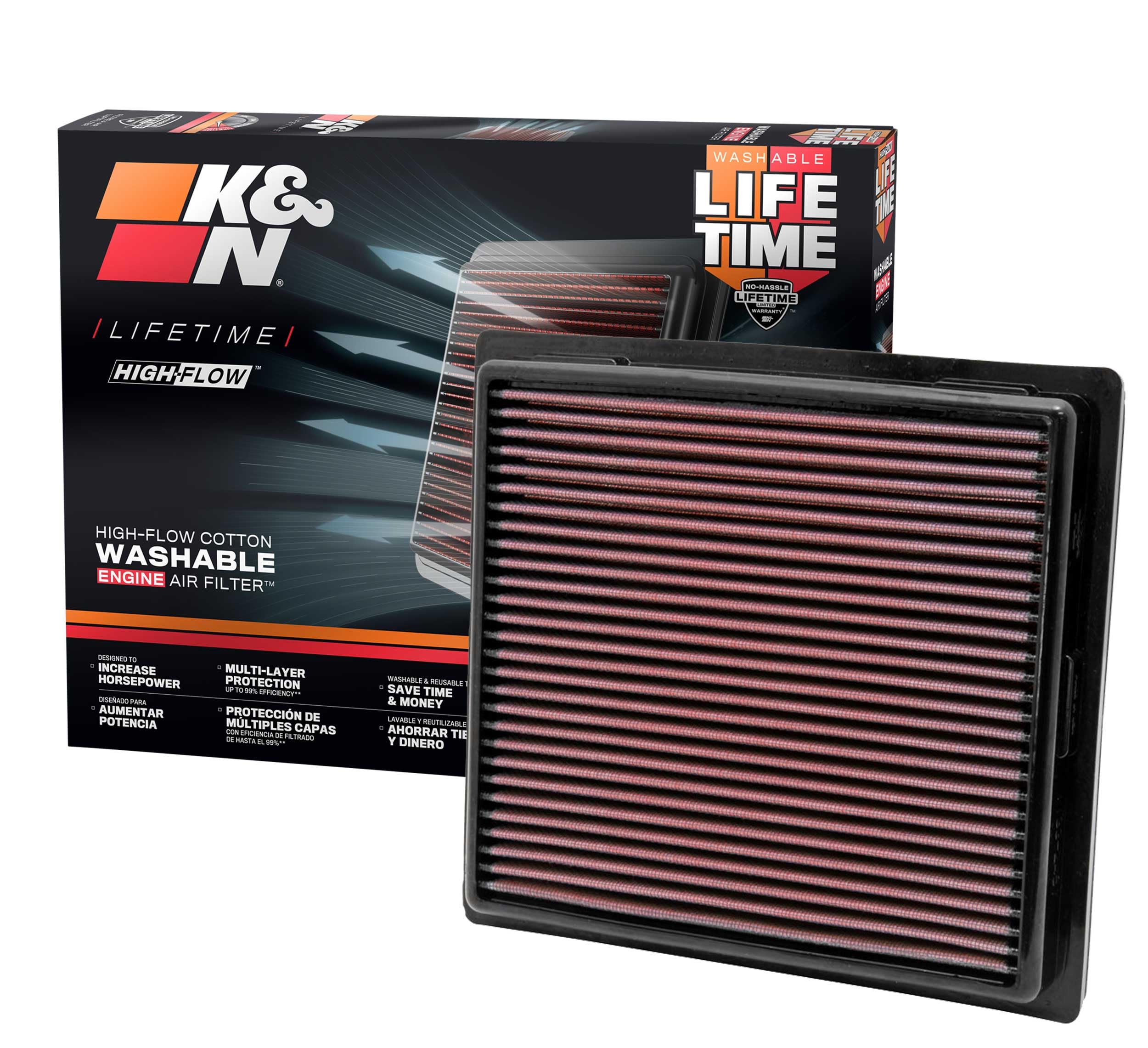 KN high-flow original lifetime air filter closeup showing premium media for better intake.