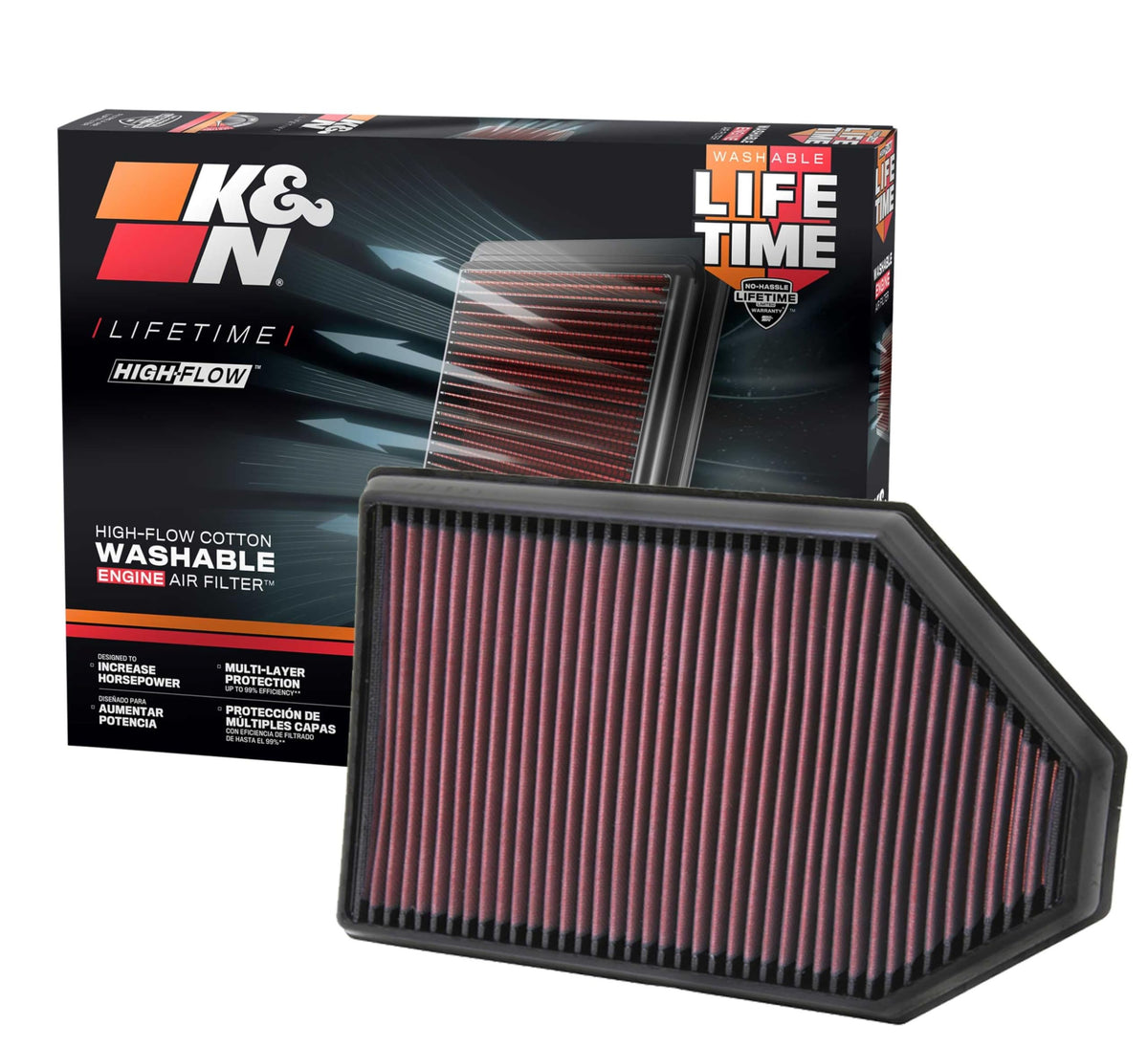 K&N high-flow air filter in engine bay boosts airflow for Chrysler 300.