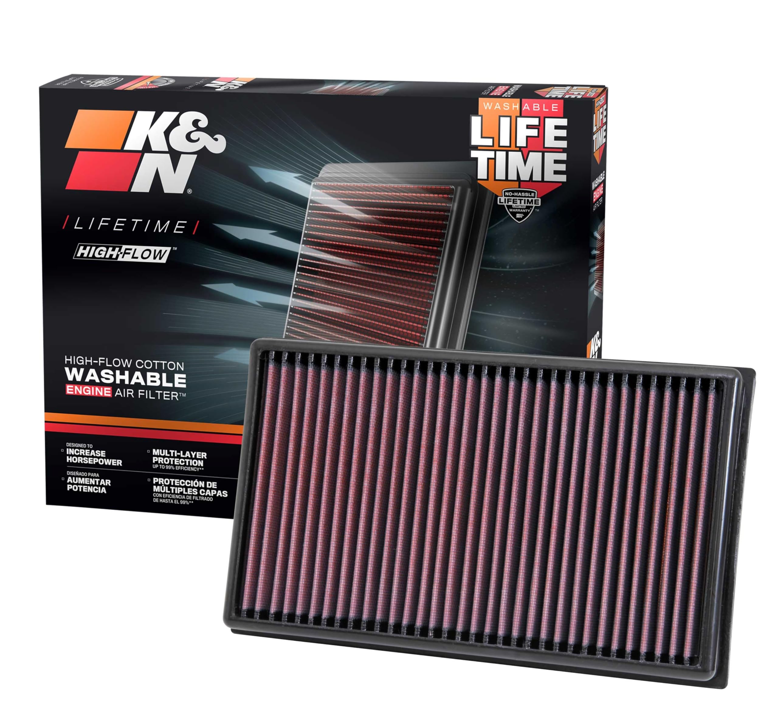 K&N High-Flow filter front view for Audi, highlighting airflow benefits