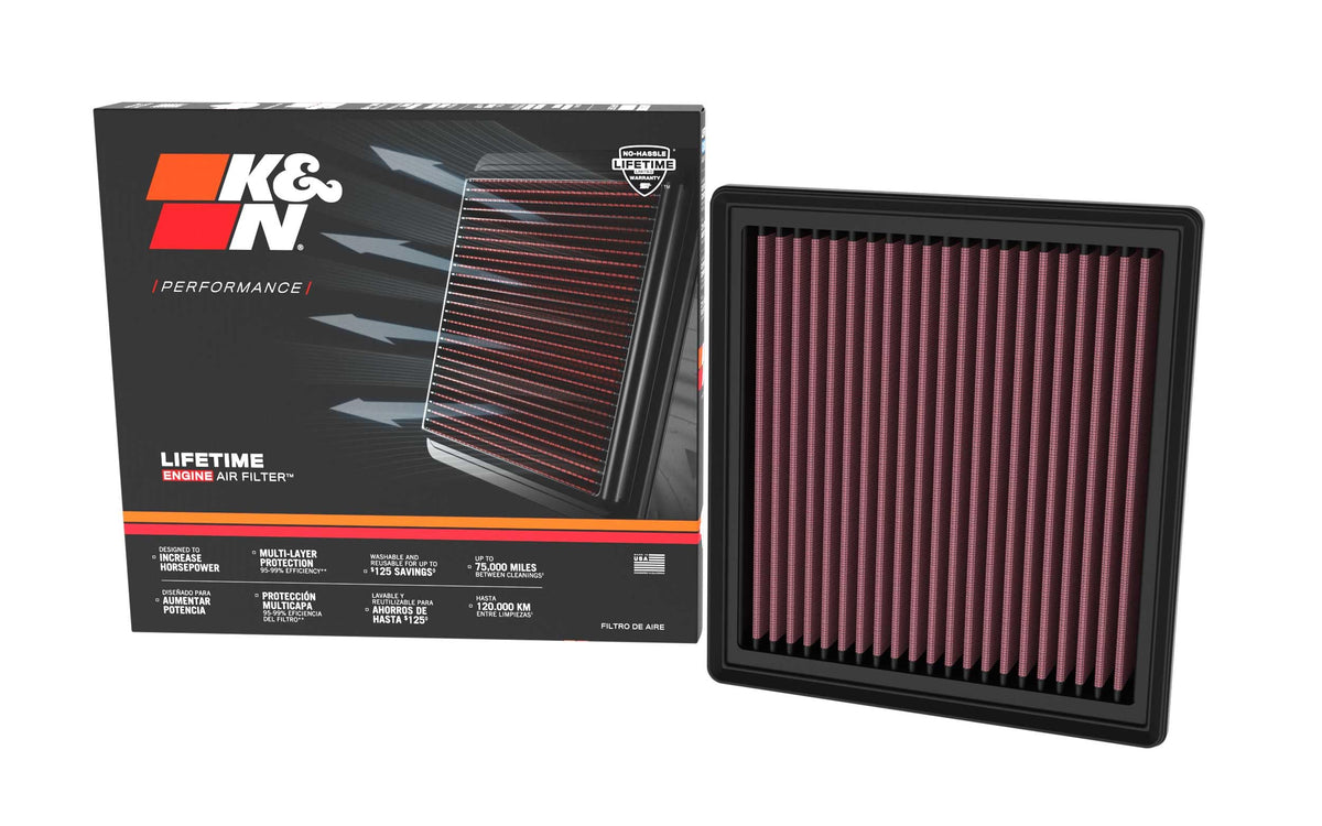 K&N High-Flow air filter front view emphasizes durable build for long-lasting performance.