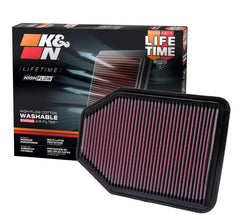 K&N high-flow filter front view enhances engine breathing and performance.