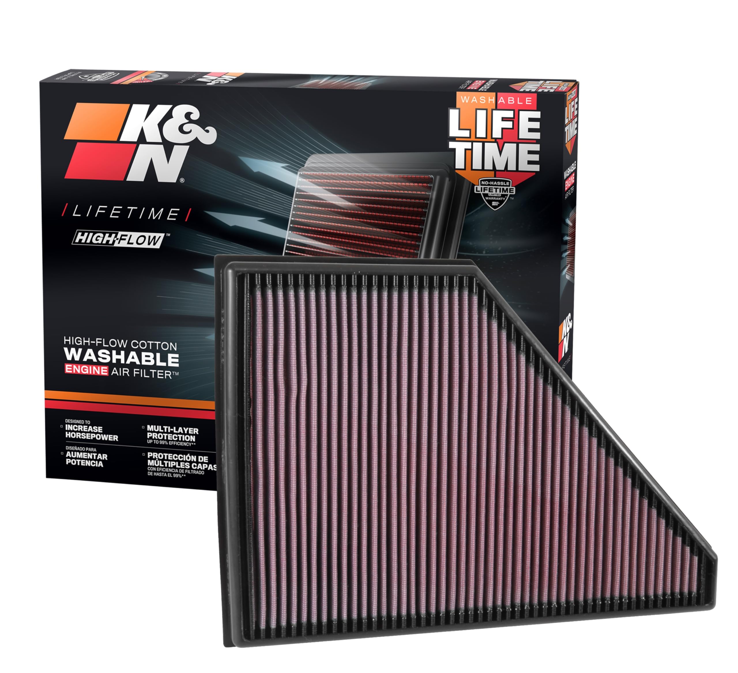 K&N high-flow air filter media close-up showing filtration efficiency and airflow.