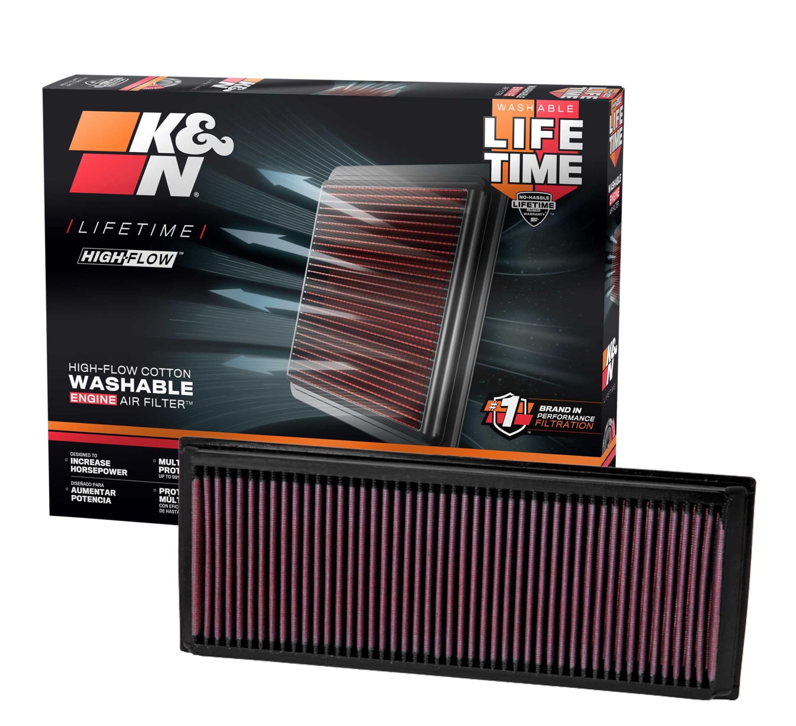 K&N High-Flow Original Lifetime Air Filter packaging shows durable build and premium quality.