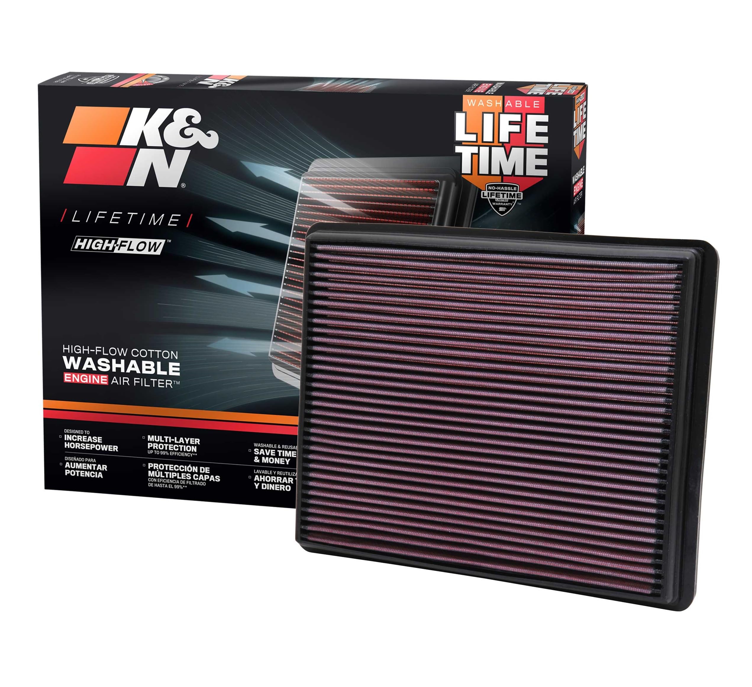 K&N High-Flow filter front view shows rugged build for lasting performance