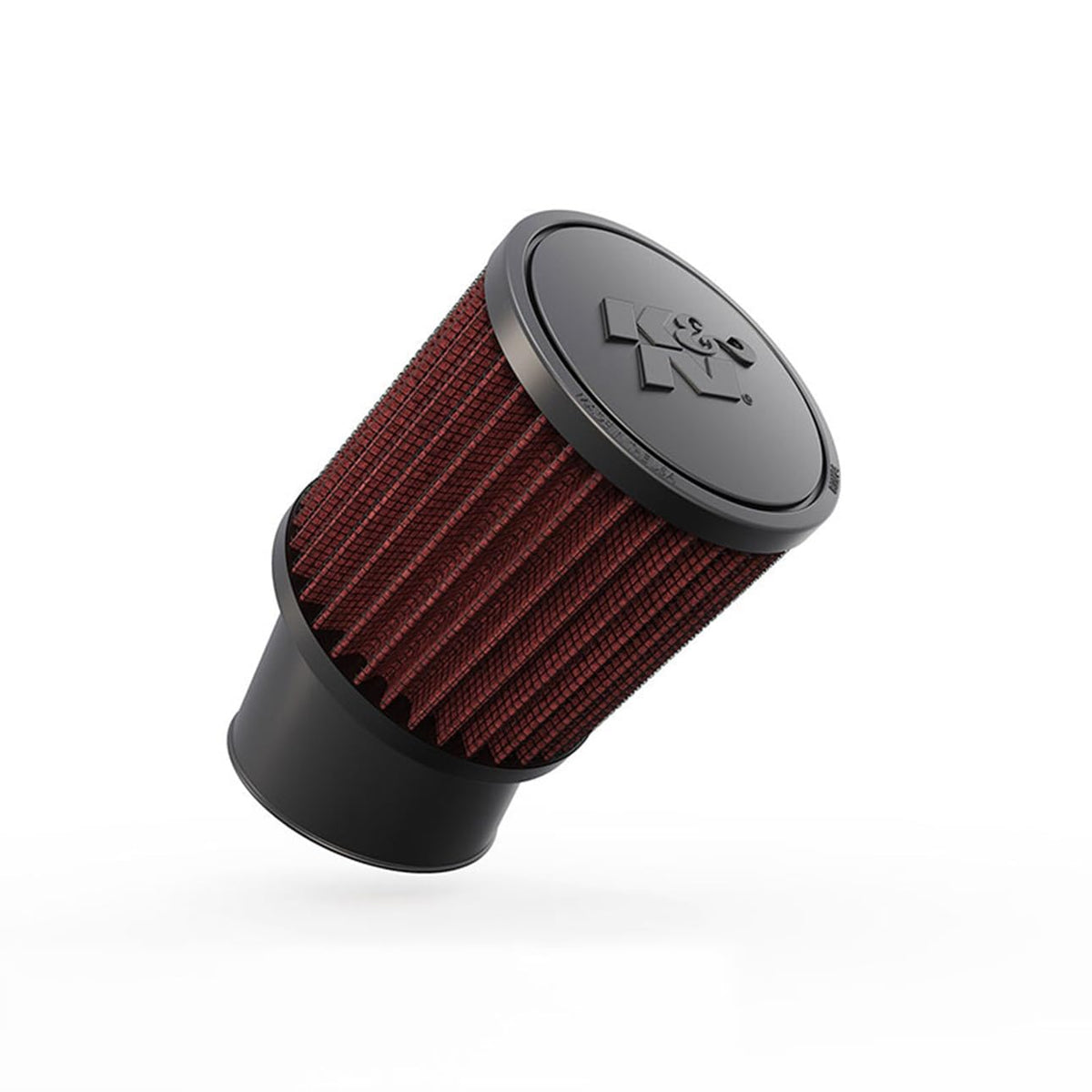 K&N High-Flow round air filter with 2.4375in flange, ready for clamp-on installation.