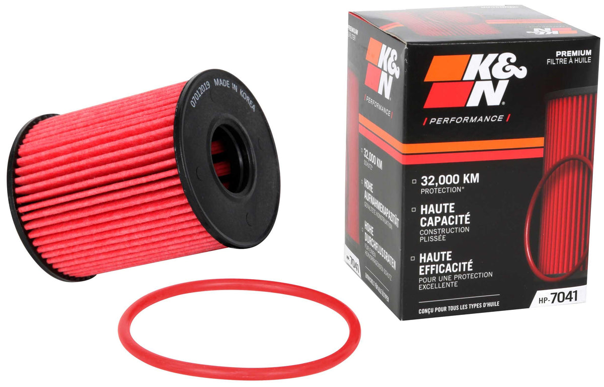 K&N HP-7041 oil filter box highlights premium build for reliable filtration.