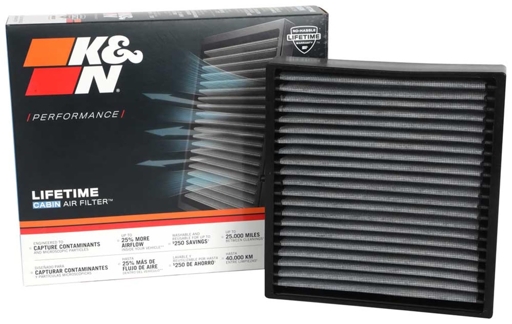 K&N Lifetime cabin air filter box demonstrates durable, reusable filtration for cleaner cabin air.