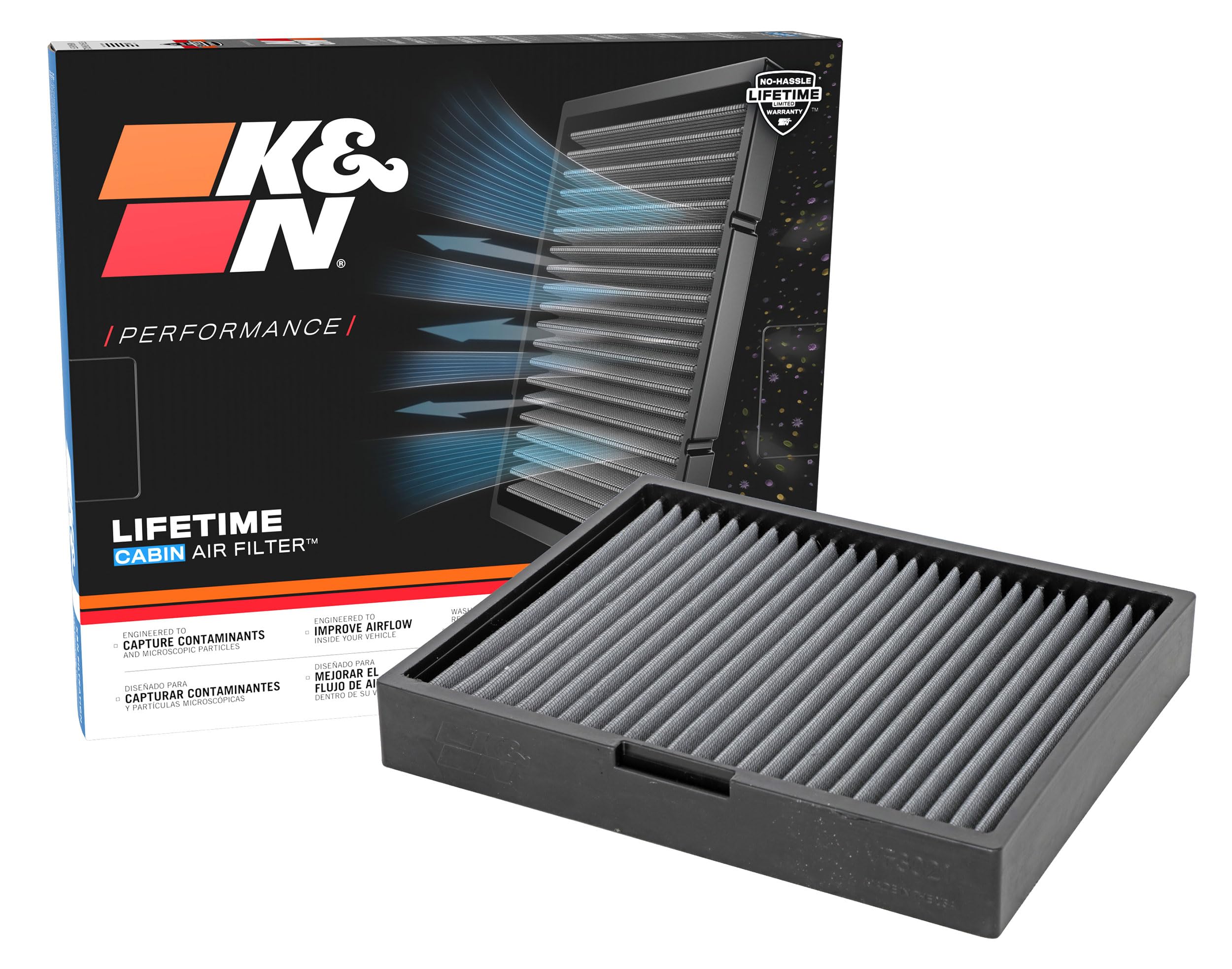 K&N Lifetime Cabin Air Filter logo on packaging for quick recognition.