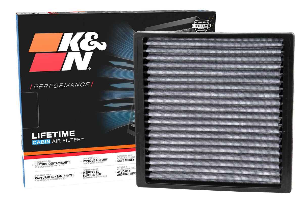 K&N Lifetime cabin air filter showing easy-install in a car interior for quick fit