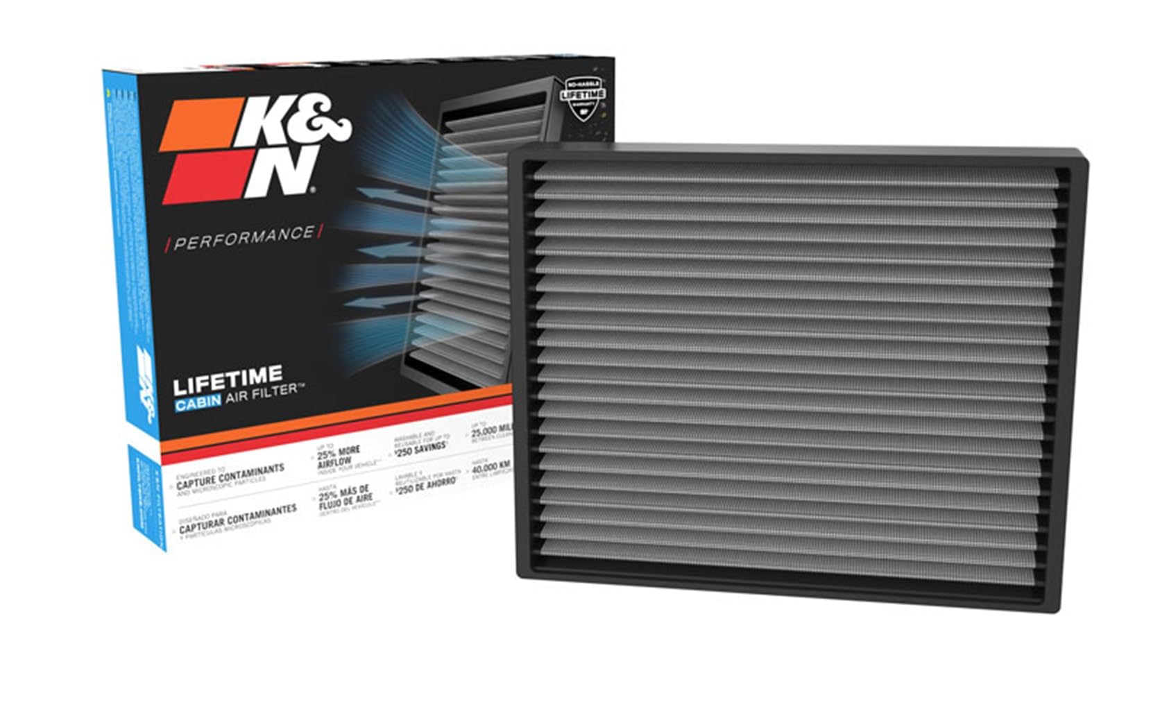 K&amp;N Lifetime Cabin Air Filter front view highlights washable design for cleaner cabin air.