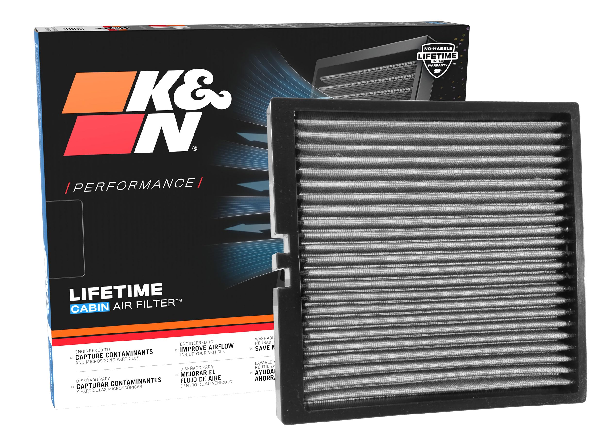 K&N Lifetime Cabin Air Filter package shot shows reusable design for longer filter life.